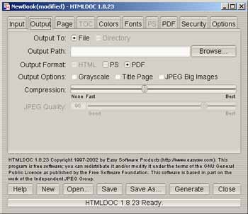 HTMLDOC, onglet Output select pdf and path output file